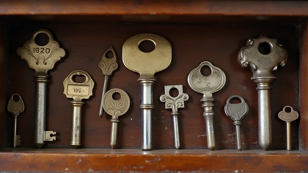 Display of antique keys in a cabinet