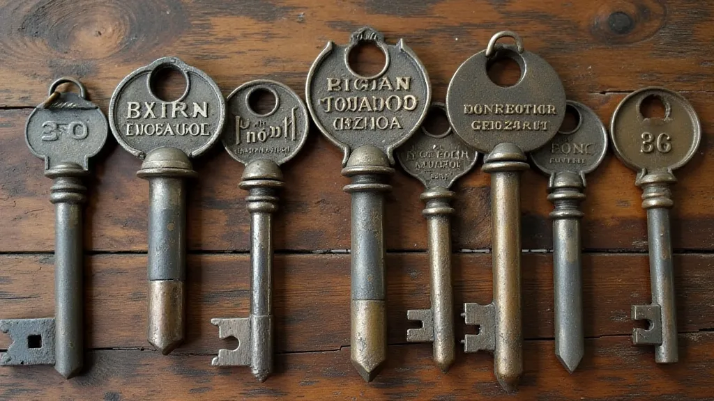 Collection of antique keys with regional identifiers and symbols