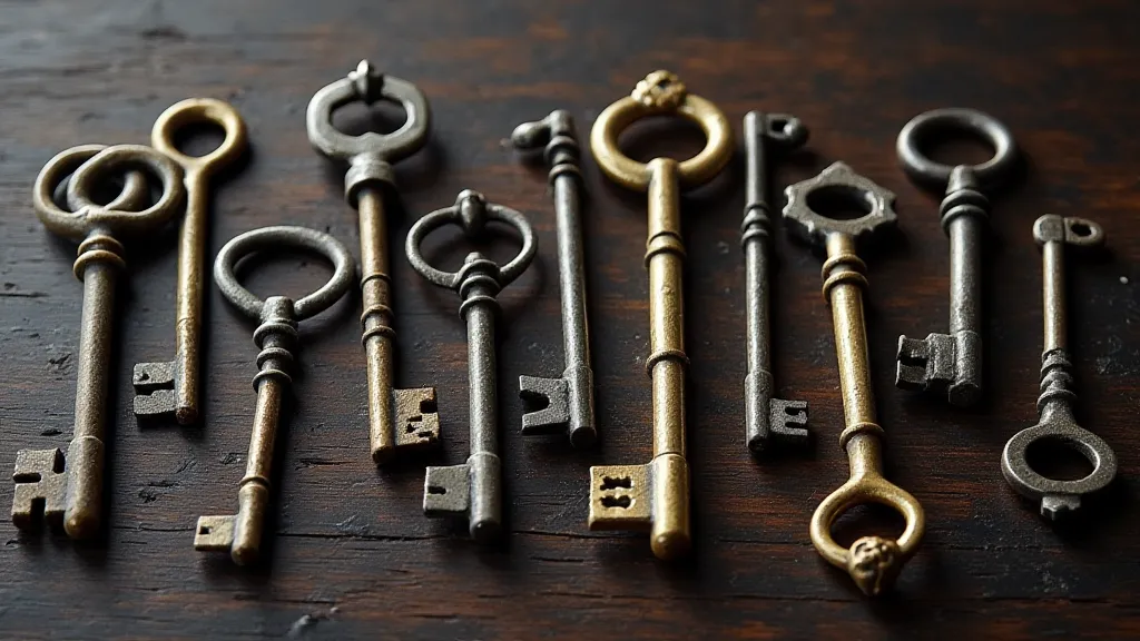 Variety of antique keys on a wooden surface
