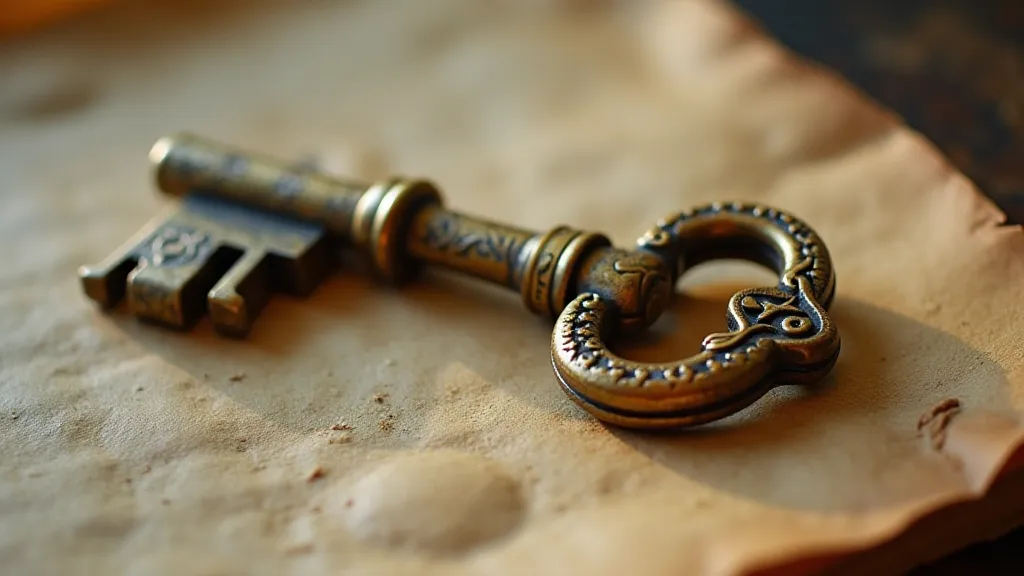 Antique brass skeleton key on parchment paper