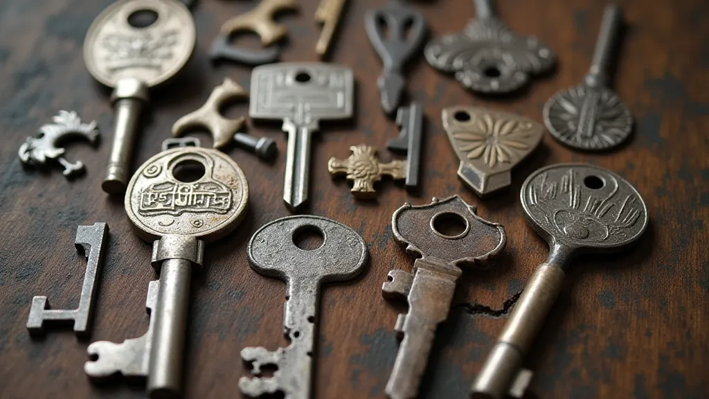 Antique key blanks in iron, brass, and copper