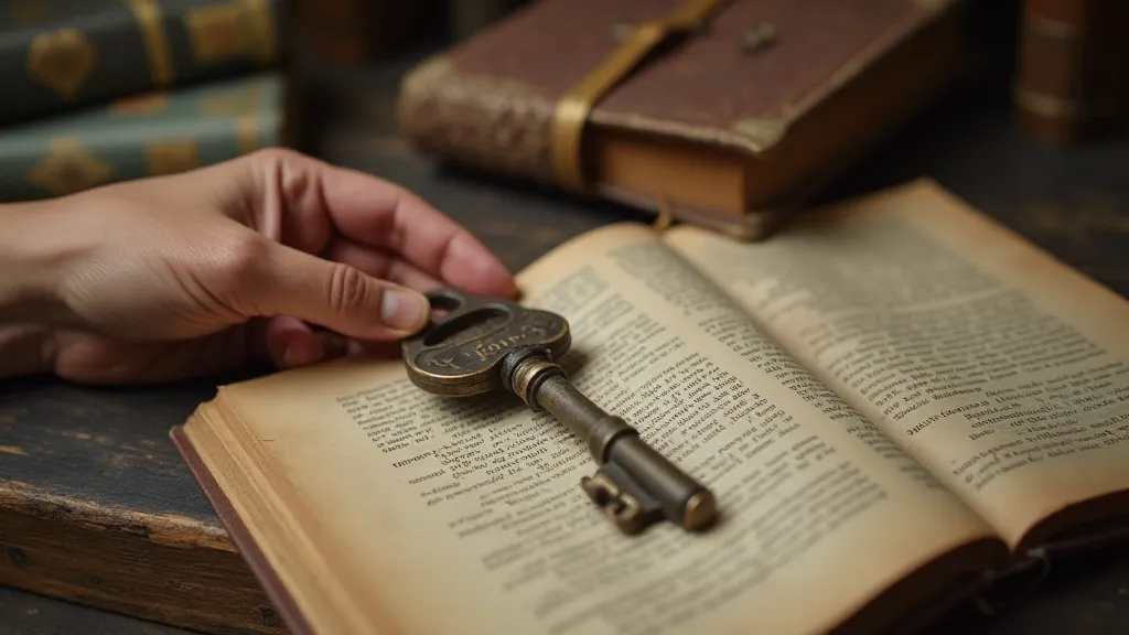 Antique key with backdrop of old books and archival documents