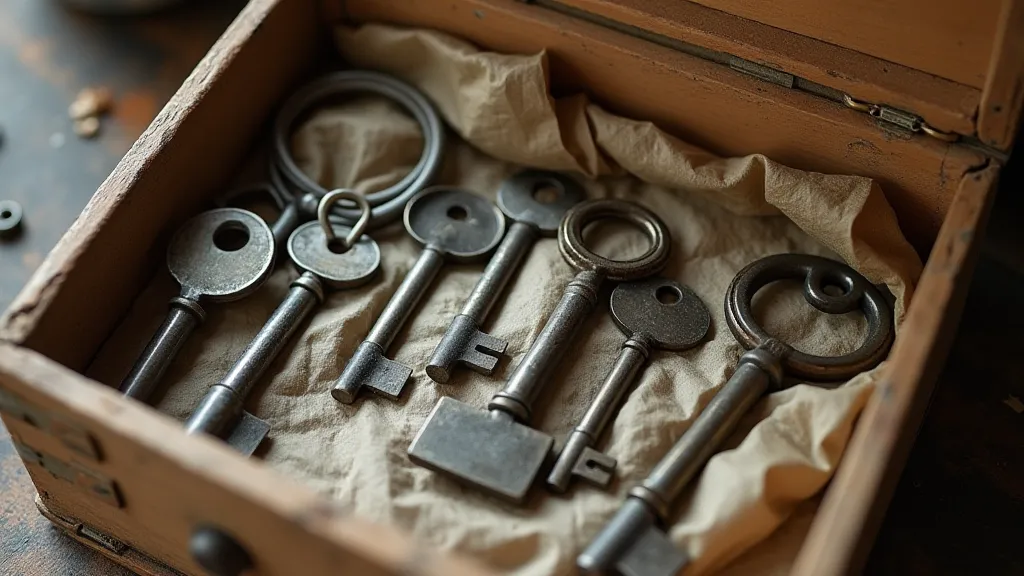 Antique keys in a storage box