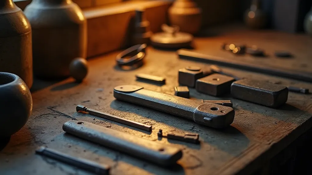 A locksmith's workbench filled with antique tools and keys