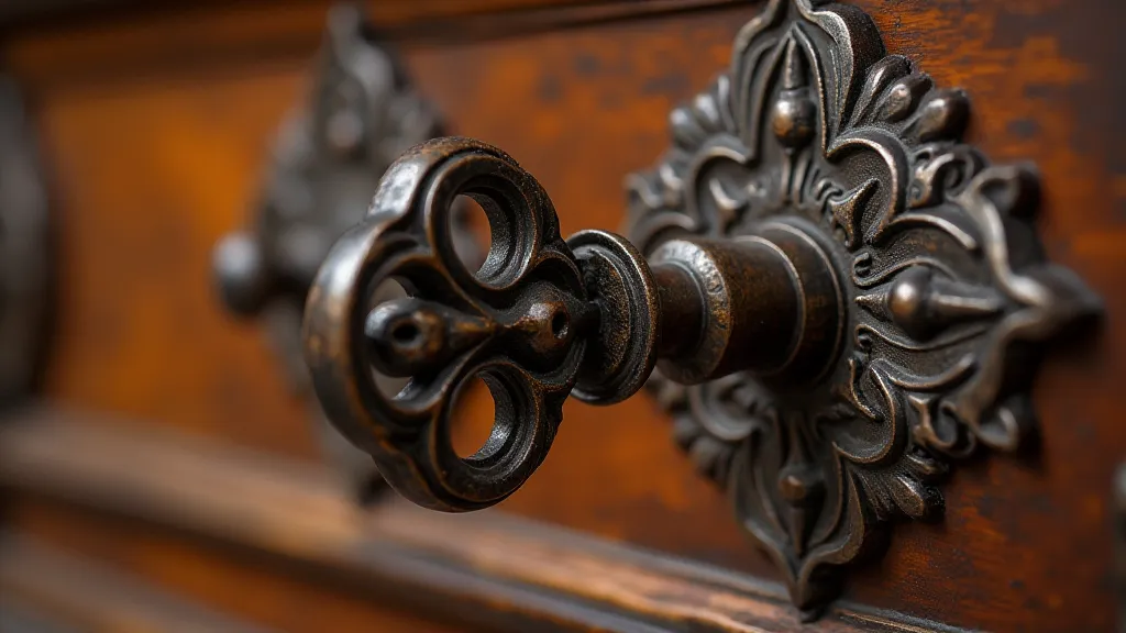 Oak chest with antique key in keyhole